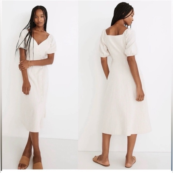 Madewell Dresses & Skirts - Madewell Womens Cream Midi Dress Puff-Sleeves Button-Wrap Size 10